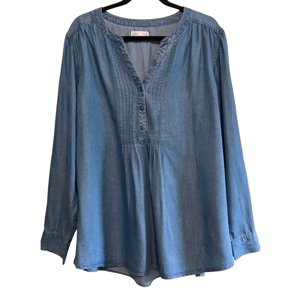 Croft & Barrow Womens‎ 2X Blue Lyocell Pintuck Pleated Split V-Neck Blouse Top